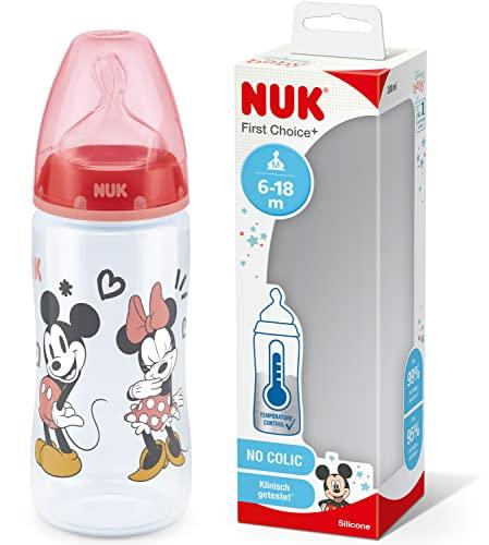 NUK First Choice+ Biberón de 300 ml con tetina de silicona, para bebés de 6-18 meses, válvula anticólicos, libre de bisfenol A y con indicador de temperatura, diseño de Mickey y Minnie Maus, rojo