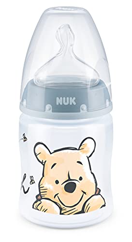 NUK First Choice+ - Biberón de Disney Winnieh the Pooh, 0 – 6 meses, Indicador de temperatura, 150 ml, Válvula anticólicos, Sin BPA, Tetina de silicona, Azul (10743946)