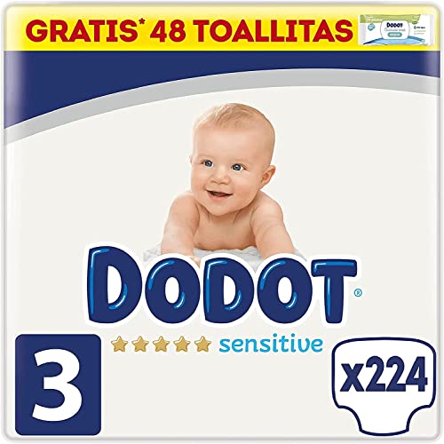 Dodot Pañales Bebé Sensitive Talla 3 (6-10 kg), 224 Pañales + 1 Pack de 48 Toallitas Gratis Cuidado Total Aqua, Óptima Protección de la Piel de Dodot, Pack Mensual