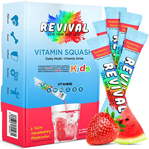 Revival Bebida Multivitamínica Para Niños - Vitaminas A, C, D, K, B6, B12 - Inmunidad, Crecimiento, Desarrollo - Fresa y Sandía 6 Unidades