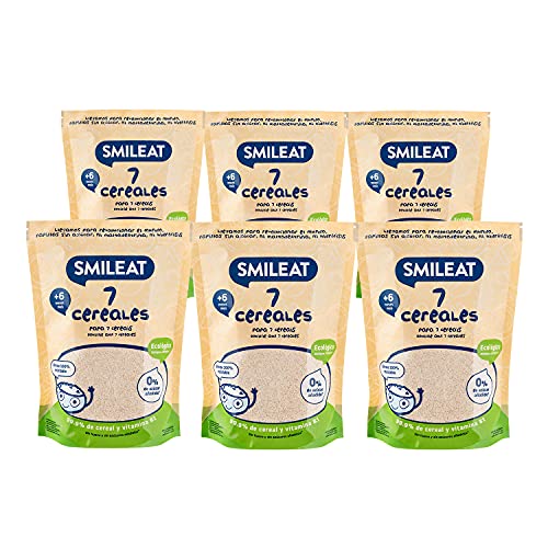 Smileat - Papilla Ecológica 7 Cereales, Ingredientes Naturales, Sano y Saludable, Equlibrada y Nutritiva, sin Azúcar, sin Aditivos, para Bebés desde los 6 Meses, Con Gluten - Pack de 6 x 200g = 1200 g