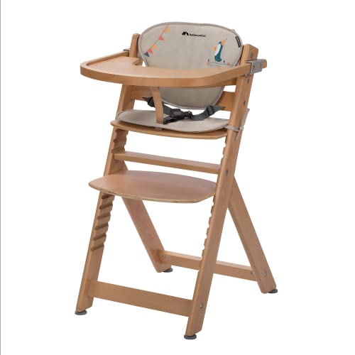 Bebeconfort Timba con Cojín Trona de Madera, Evolutiva y Multifuncional, Regulable en altura, con bandeja y cojín, para niños de 6 meses a 10 años (30 kg), Color madera