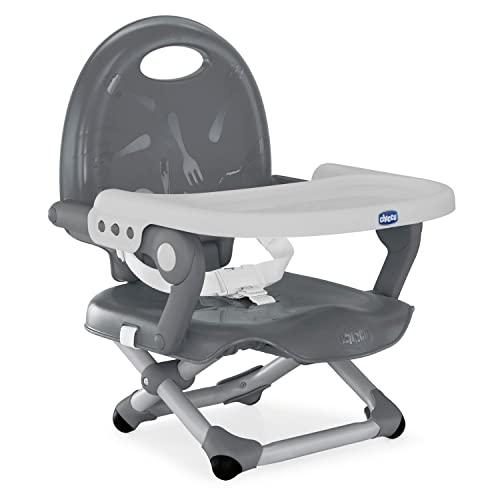 Chicco Pocket Snack Alzador de Silla para Niños para Comer, Apto de 6 Meses hasta 3 Años (15 kg), Trona de Viaje Portátil y Ajustable para Bebés, Compacta y con Bandeja Desmontable - Gris (Dark Grey)