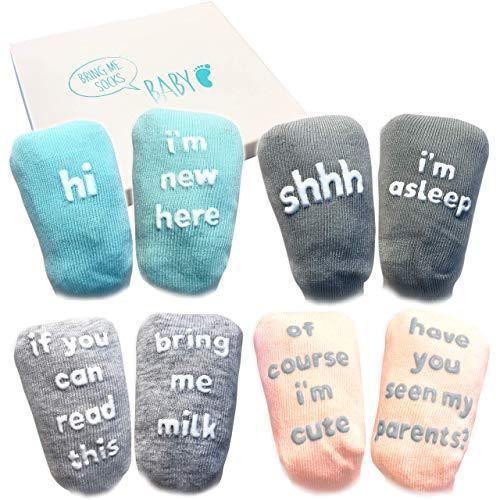 Juego de calcetines para bebé – regalo único de baby shower o recién nacido – 4 pares de lindas citas en caja de regalo, varios, 0 – 12 meses