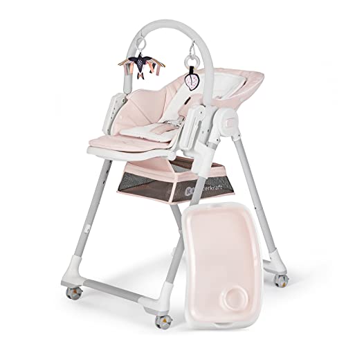 Kinderkraft LASTREE Trona Bebé de madera evolutiva plegable, Hamaca para bebés con Arco 2 juguetes, Asiento reposapiés ajustable, Posición tumbada, Rosa