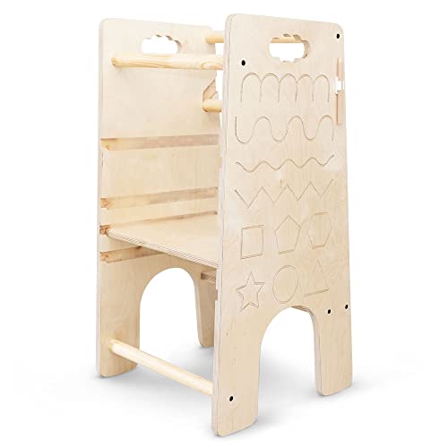 TWR ® Torre de aprendizaje evolutiva + trona bebe+ patrones Montessori (incluye lápiz de madera) 3 en 1- Torre de aprendizaje convertible en trona - 100% madera natural de alta calidad
