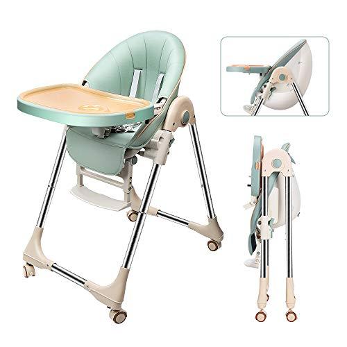 OUNUO Trona para Bebe Evolutiva, Trona para bebés Plegable con bandeja extraíble, Tronas bebe Ajustable 5 Alturas, 4 ruedas, Verde